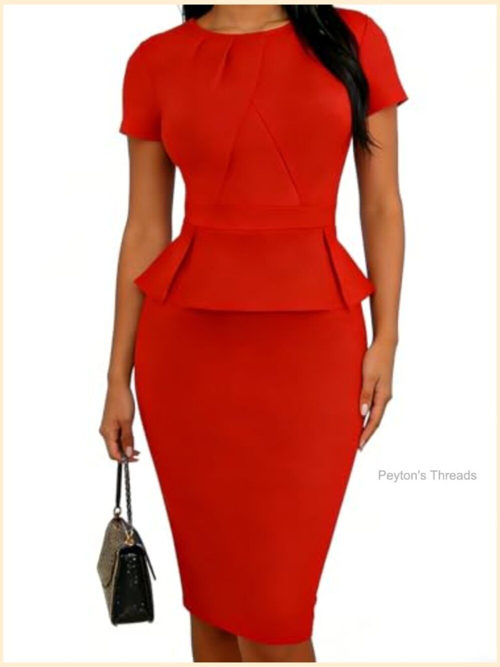 Elegant Midi Pencil Bodycon Dress Short Sleeve Peplum for Work Cocktail Church - Picture 2 of 6